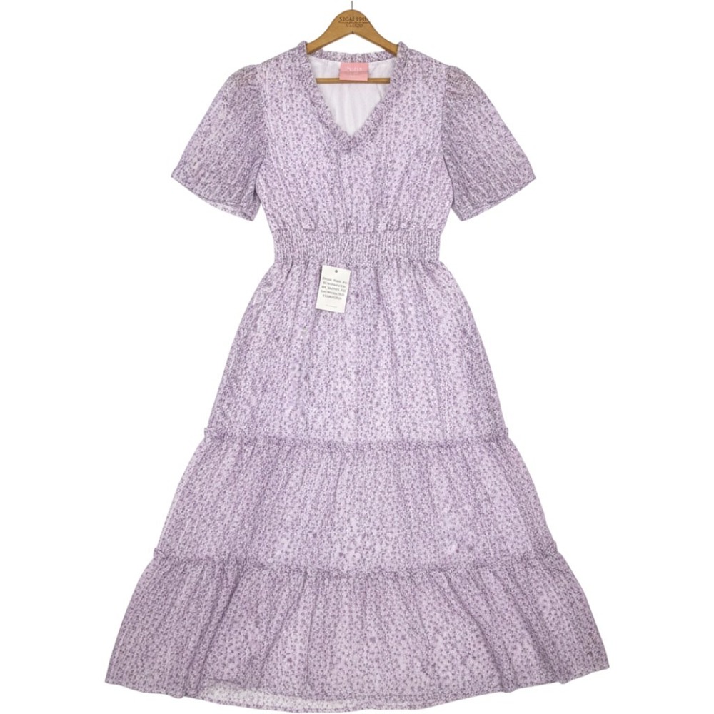 Nolia Bae Lavender Floral Metallic Cottage Smocked Tiered Maxi Dress Purple M